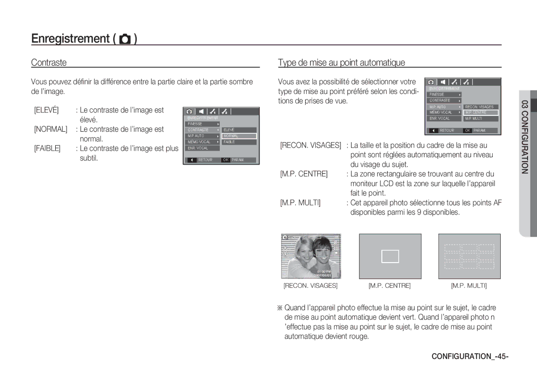 Samsung EC-S85ZZSBA/E1, EC-S85ZZSBB/E3, EC-S85ZZPBA/E2, EC-S85ZZBBA/E2 manual Contraste Type de mise au point automatique 