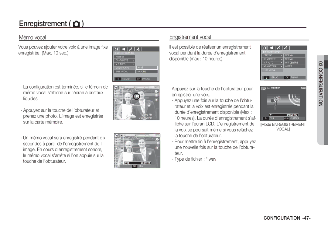 Samsung EC-S85ZZBBA/E2, EC-S85ZZSBB/E3, EC-S85ZZSBA/E1, EC-S85ZZPBA/E2 manual Mémo vocal Engistrement vocal, CONFIGURATION-47 