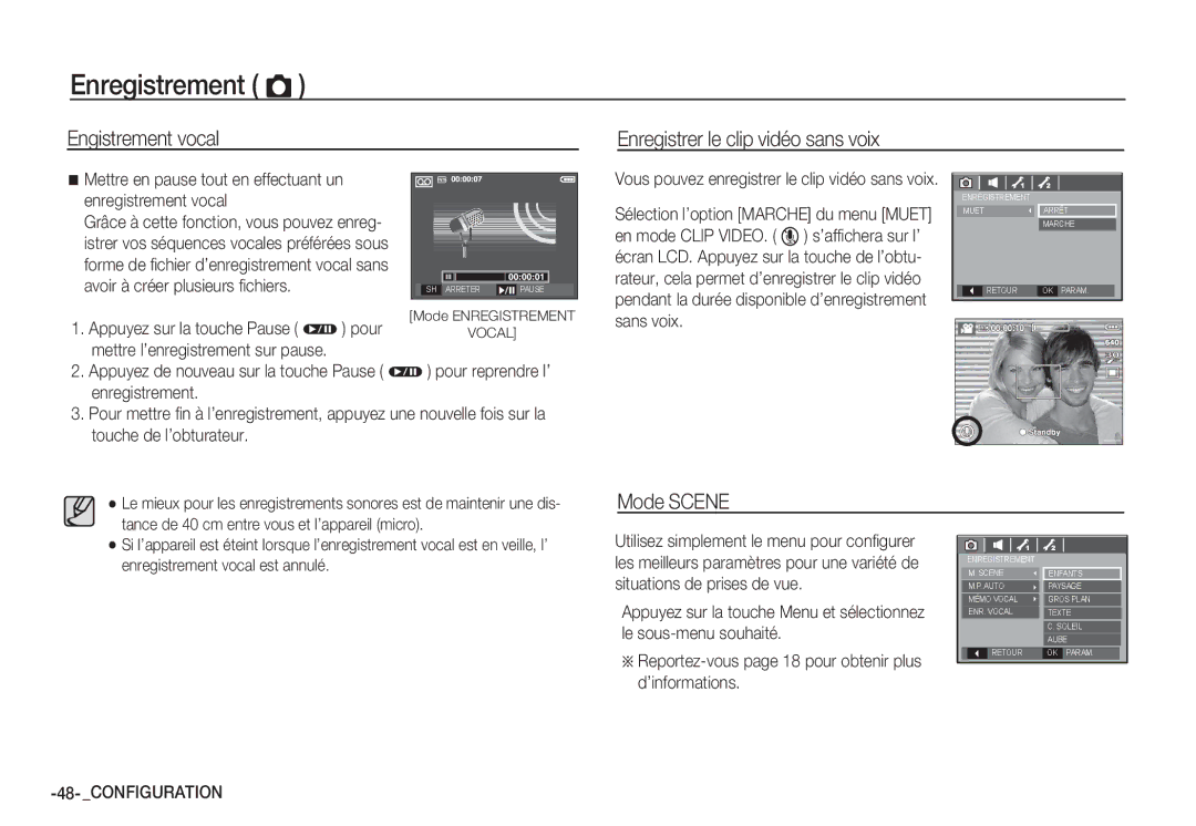 Samsung EC-S85ZZPDA/E3, EC-S85ZZSBB/E3, EC-S85ZZSBA/E1 Engistrement vocal Enregistrer le clip vidéo sans voix, Mode Scene 