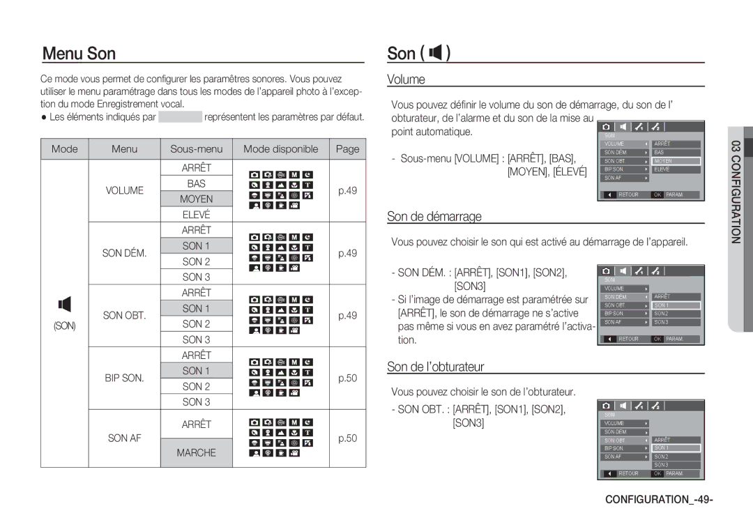 Samsung EC-S85ZZBDA/E3, EC-S85ZZSBB/E3, EC-S85ZZSBA/E1 manual Menu Son, Son Ó, Volume, Son de démarrage, Son de l’obturateur 