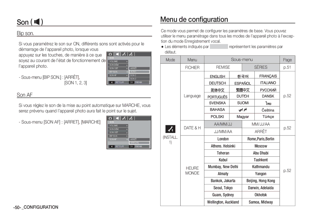 Samsung EC-S85ZZSBA/E2, EC-S85ZZSBB/E3, EC-S85ZZSBA/E1, EC-S85ZZPBA/E2, EC-S85ZZBBA/E2 Menu de conﬁguration, Bip son, Son AF 