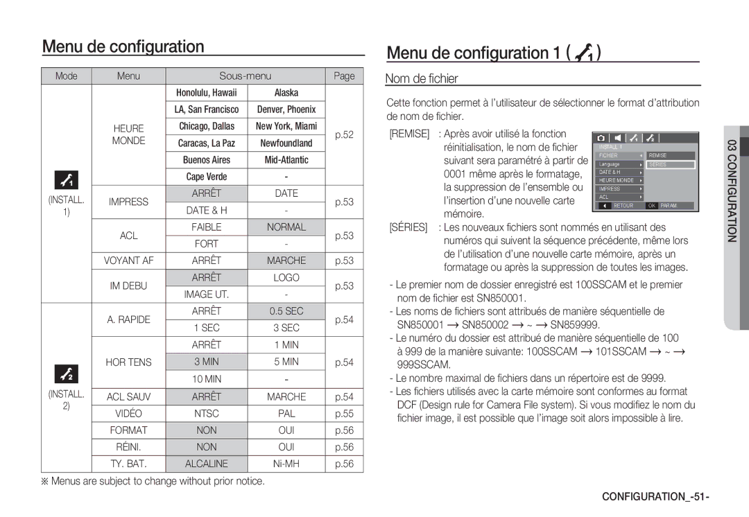 Samsung EC-S85ZZPBA/E1, EC-S85ZZSBB/E3 Menu de conﬁguration 1 À, Nom de ﬁchier, Séries, CONFIGURATION-51 Configuration 