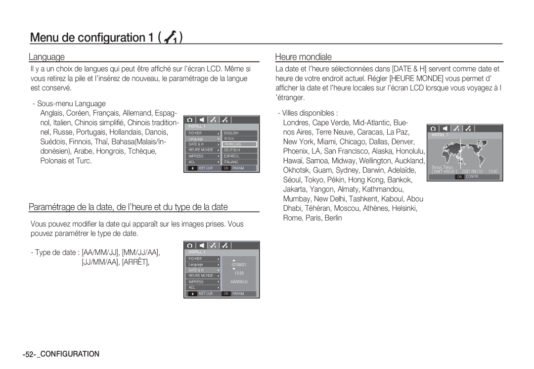 Samsung EC-S85ZZBBA/E1, EC-S85ZZSBB/E3 Language, Heure mondiale, Paramétrage de la date, de l’heure et du type de la date 