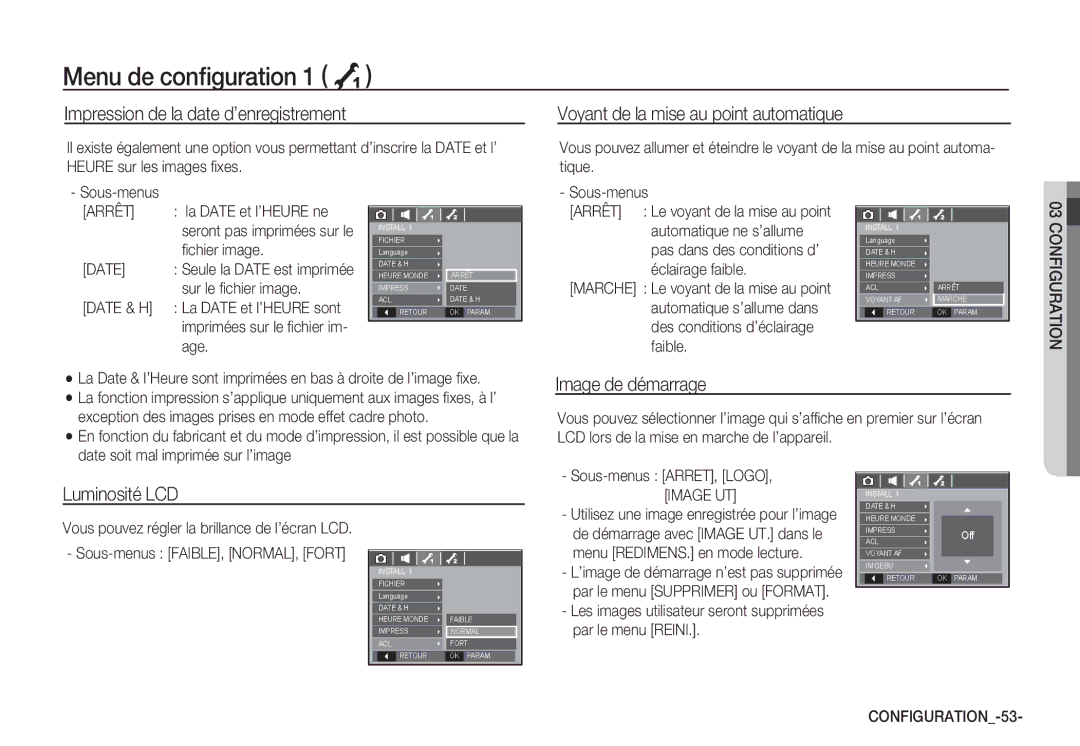 Samsung EC-S85ZZSBB/E3, EC-S85ZZSBA/E1, EC-S85ZZPBA/E2 Image de démarrage, Luminosité LCD, Arrêt, Date, CONFIGURATION-53 