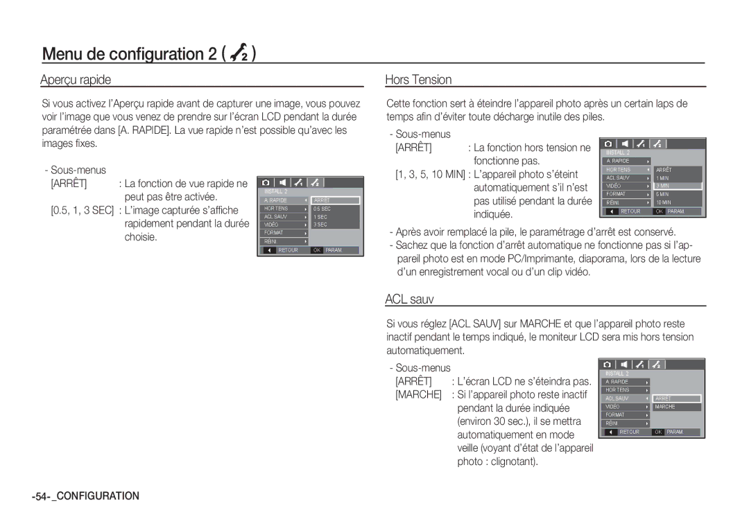 Samsung EC-S85ZZSBA/E1, EC-S85ZZSBB/E3 manual Menu de conﬁguration 2 Á, Aperçu rapide, Hors Tension, ACL sauv, Marche 