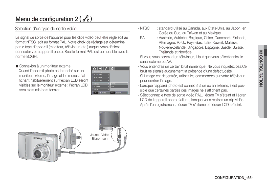 Samsung EC-S85ZZPBA/E2, EC-S85ZZSBB/E3, EC-S85ZZSBA/E1 Sélection d’un type de sortie vidéo, Ntsc, Pal, CONFIGURATION-55 