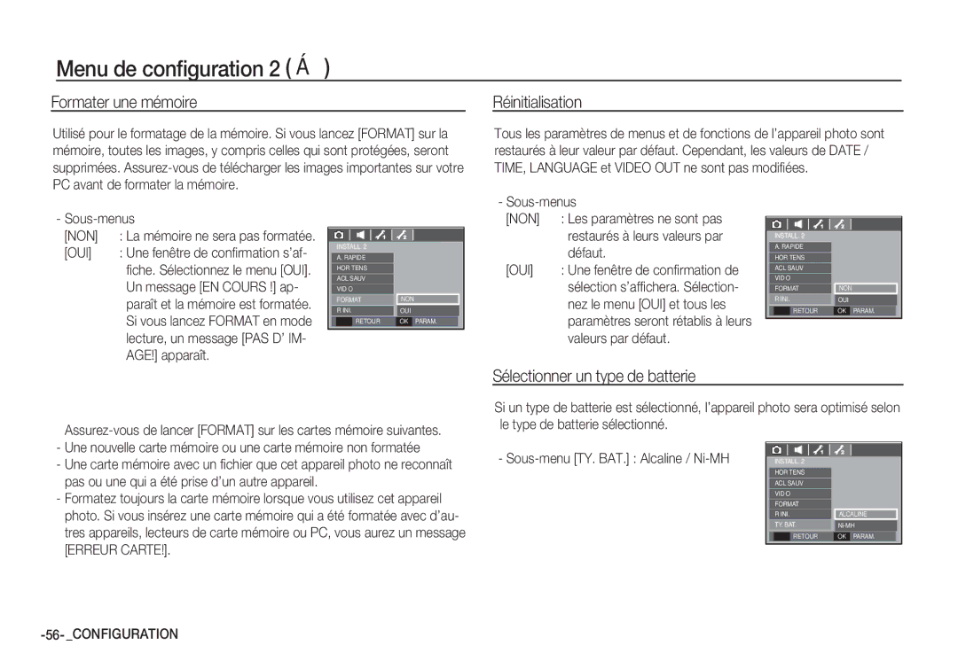 Samsung EC-S85ZZBBA/E2, EC-S85ZZSBB/E3 Formater une mémoire, Réinitialisation, Sélectionner un type de batterie, Non, Oui 