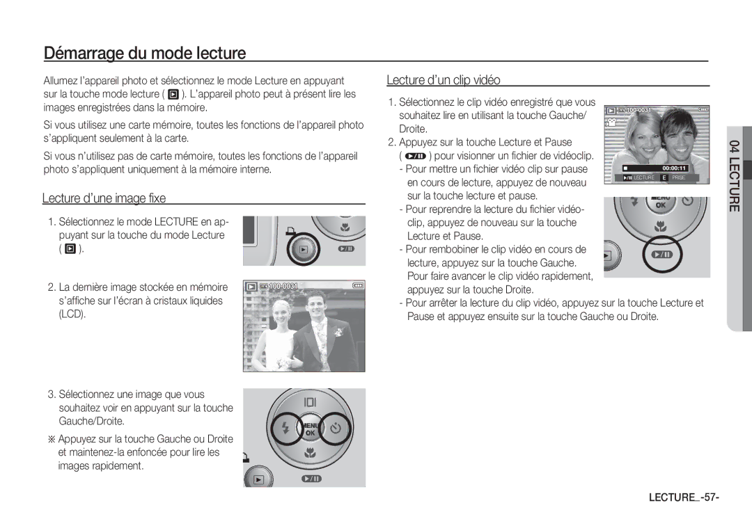 Samsung EC-S85ZZPDA/E3 manual Démarrage du mode lecture, Lecture d’une image fixe, Lecture d’un clip vidéo, LECTURE-57 