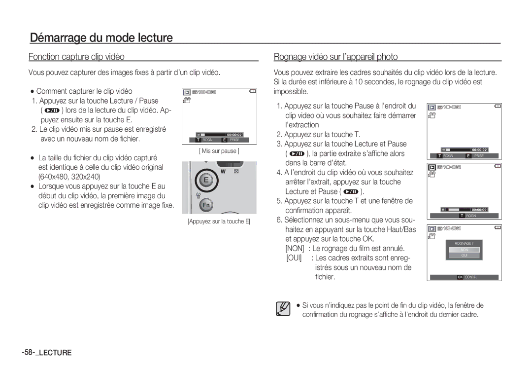 Samsung EC-S85ZZBDA/E3, EC-S85ZZSBB/E3 manual Fonction capture clip vidéo, Rognage vidéo sur l’appareil photo, Lecture 