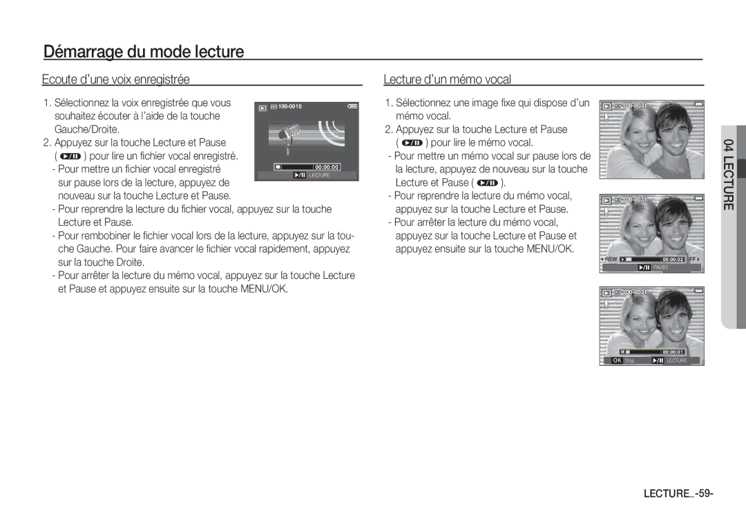 Samsung EC-S85ZZSBA/E2, EC-S85ZZSBB/E3, EC-S85ZZSBA/E1 Ecoute d’une voix enregistrée, Lecture d’un mémo vocal, LECTURE-59 