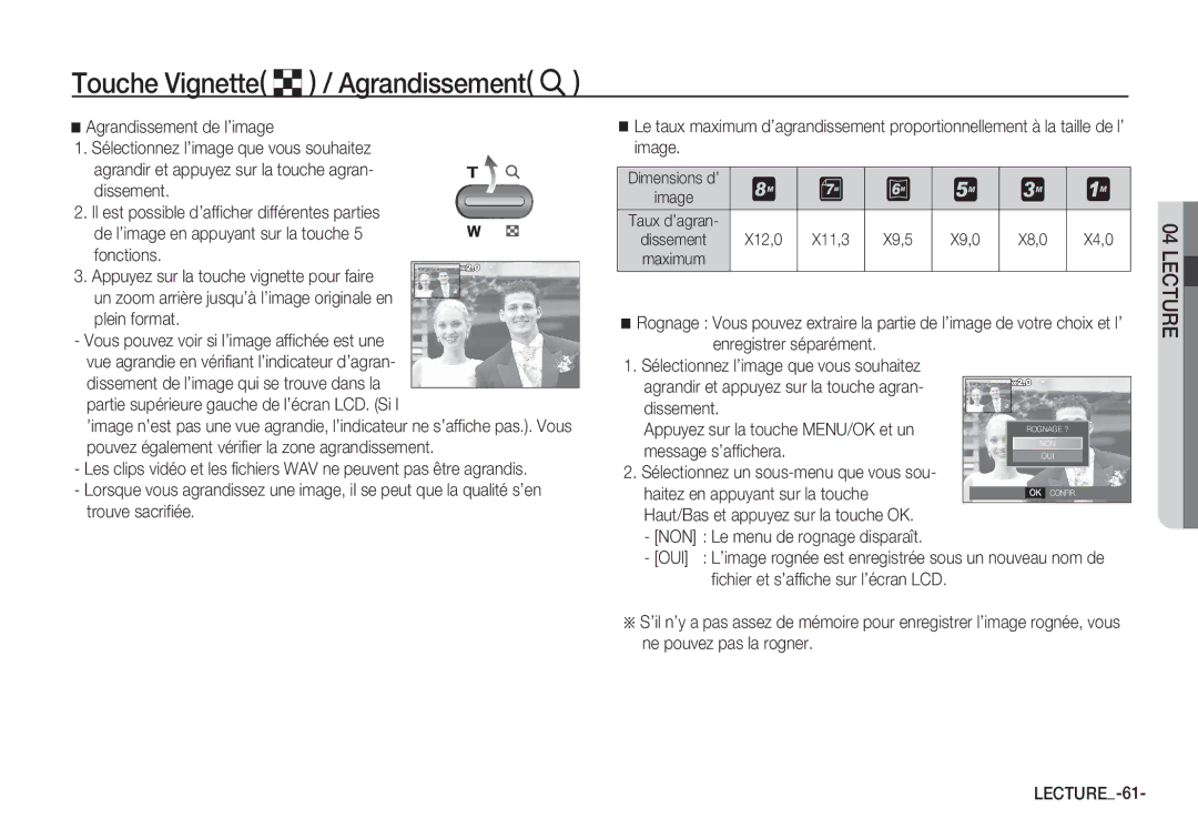 Samsung EC-S85ZZBBA/E1, EC-S85ZZSBB/E3 manual Touche Vignette º / Agrandissement í, Message s’affichera, LECTURE-61 