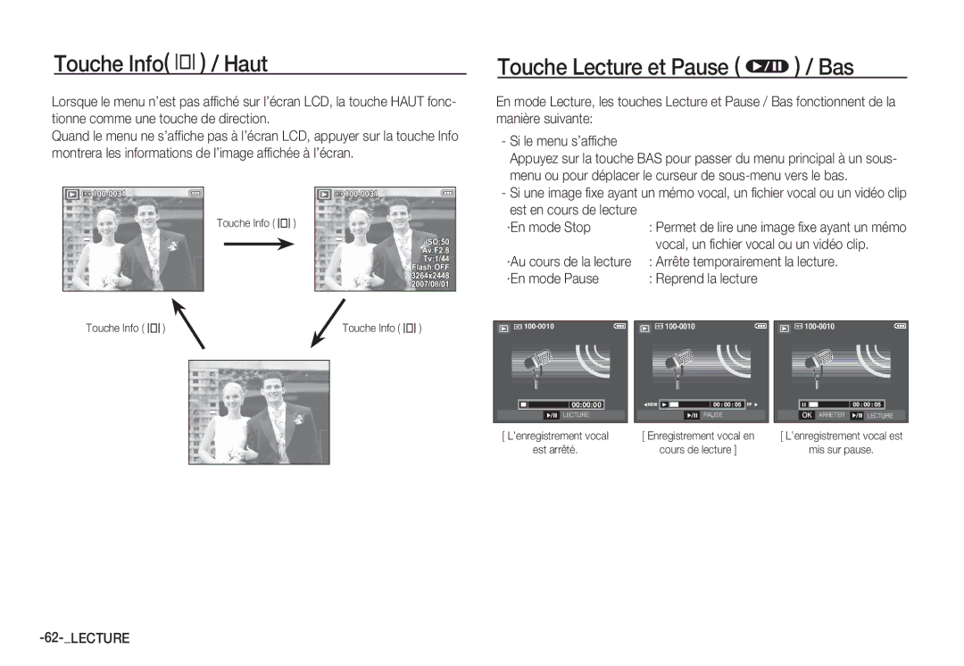 Samsung EC-S85ZZSBB/E3, EC-S85ZZSBA/E1, EC-S85ZZPBA/E2, EC-S85ZZBBA/E2 manual Touche Lecture et Pause Ø / Bas, ·En mode Stop 