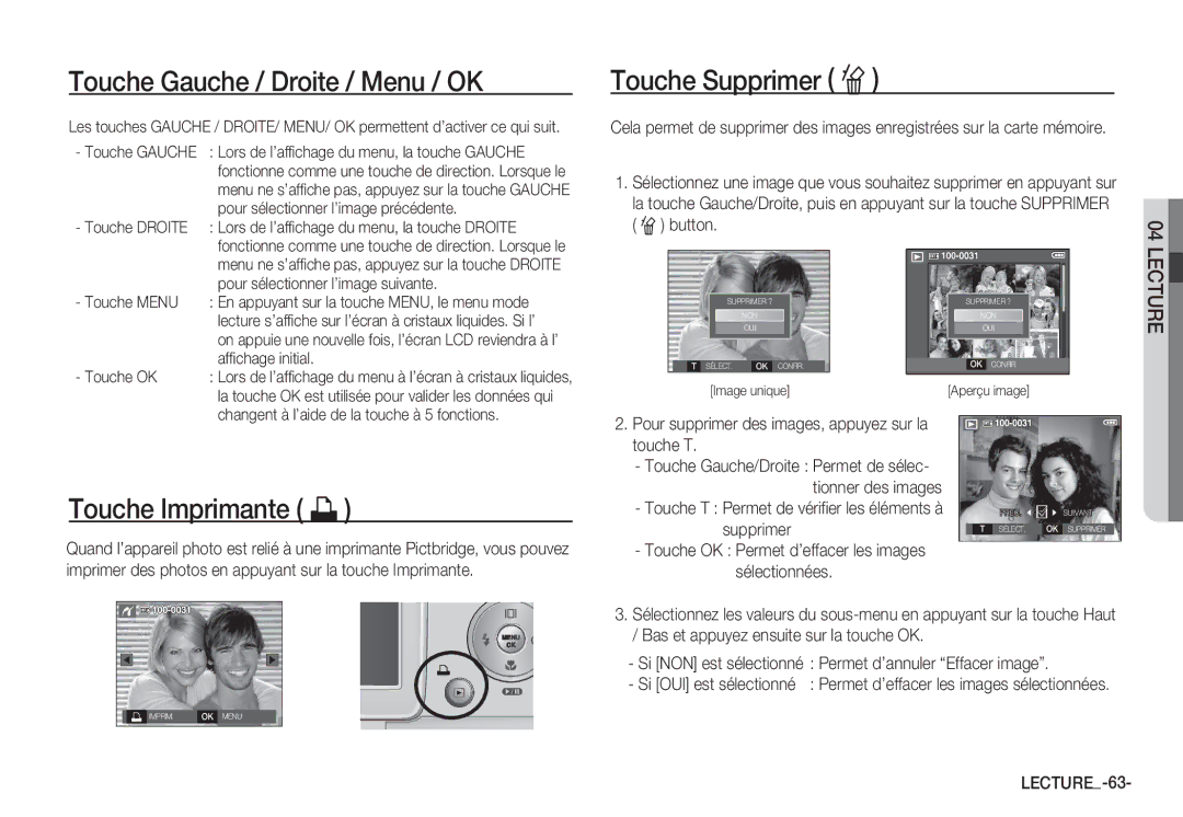 Samsung EC-S85ZZSBA/E1 manual Touche Gauche / Droite / Menu / OK, Touche Supprimer Õ, Touche Imprimante », LECTURE-63 