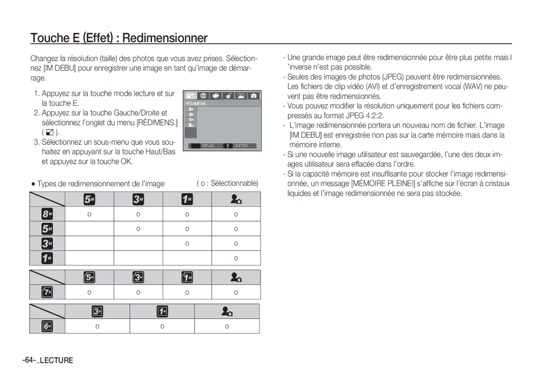 Samsung EC-S85ZZPBA/E2, EC-S85ZZSBB/E3, EC-S85ZZSBA/E1, EC-S85ZZBBA/E2, EC-S85ZZPDA/E3 manual Touche E Effet Redimensionner 