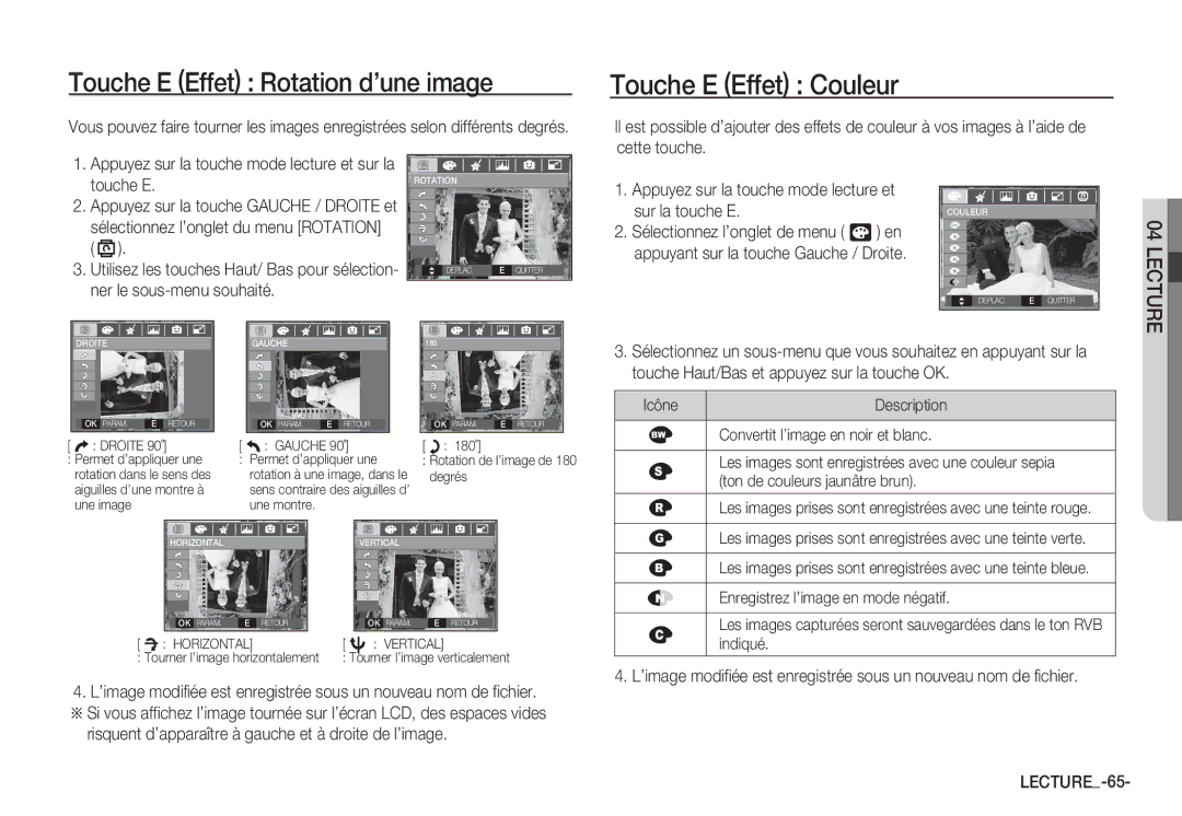 Samsung EC-S85ZZBBA/E2, EC-S85ZZSBB/E3, EC-S85ZZSBA/E1 Sur la touche E, LECTURE-65, Appuyez sur la touche mode lecture et 