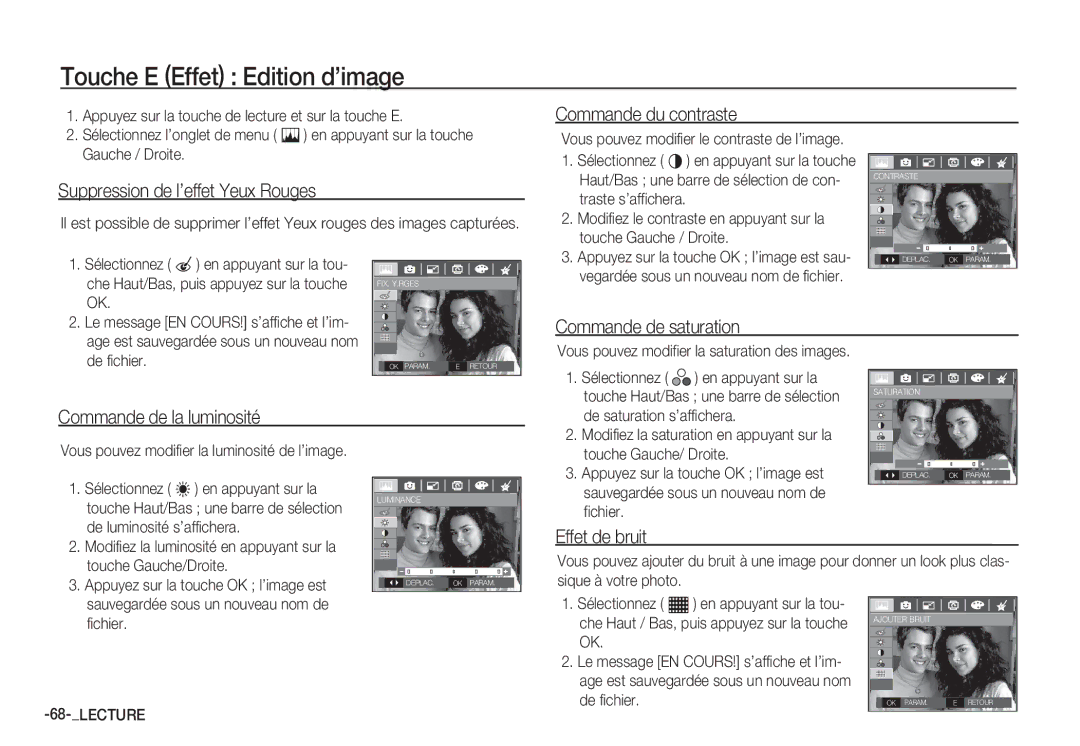 Samsung EC-S85ZZSBA/E2, EC-S85ZZSBB/E3, EC-S85ZZSBA/E1, EC-S85ZZPBA/E2, EC-S85ZZBBA/E2 manual Touche E Effet Edition d’image 