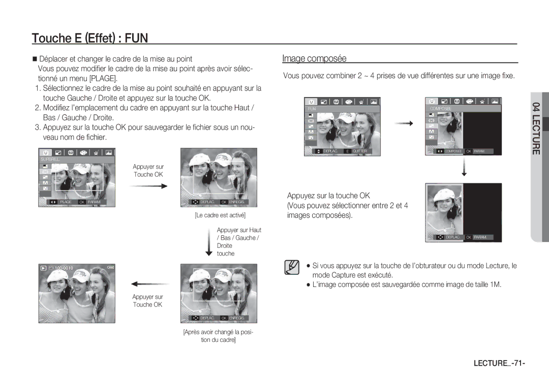 Samsung EC-S85ZZSBB/E3, EC-S85ZZSBA/E1, EC-S85ZZPBA/E2, EC-S85ZZBBA/E2, EC-S85ZZPDA/E3 Image composée, LECTURE-71, Lecture 