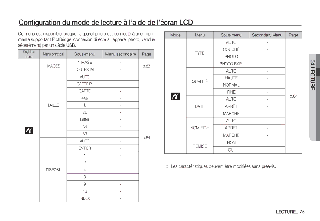 Samsung EC-S85ZZPDA/E3 manual Configuration du mode de lecture à l’aide de l’écran LCD, LECTURE-75, Menu secondaire 