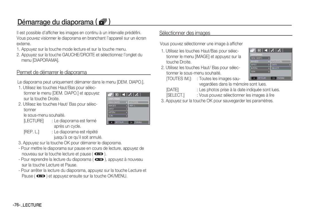 Samsung EC-S85ZZBDA/E3 manual Démarrage du diaporama ❸, Permet de démarrer le diaporama, Sélectionner des images, Select 