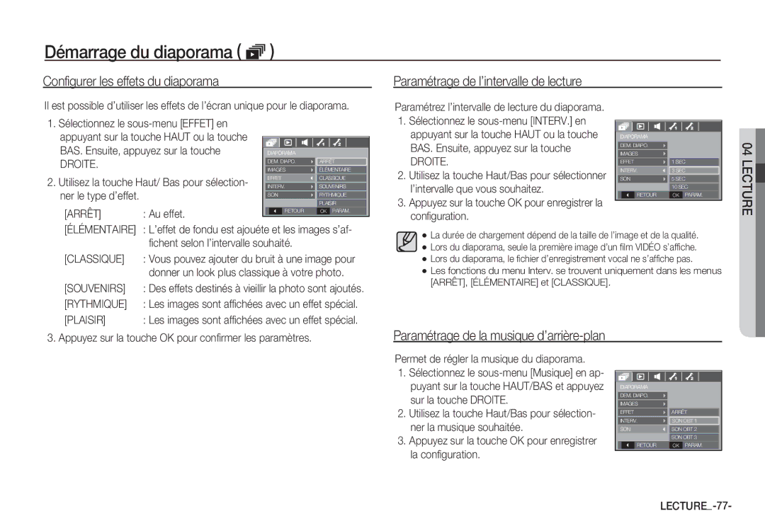 Samsung EC-S85ZZSBA/E2, EC-S85ZZSBB/E3 manual Configurer les effets du diaporama, Paramétrage de l’intervalle de lecture 