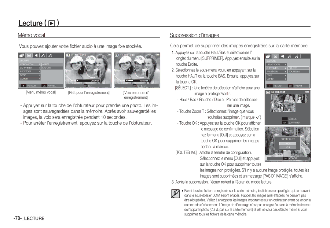 Samsung EC-S85ZZPBA/E1, EC-S85ZZSBB/E3, EC-S85ZZSBA/E1, EC-S85ZZPBA/E2 manual Lecture ø, Mémo vocal, Suppression d’images 