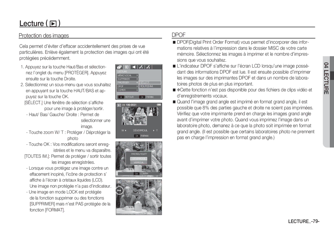 Samsung EC-S85ZZBBA/E1, EC-S85ZZSBB/E3, EC-S85ZZSBA/E1 manual Protection des images, LECTURE-79, Les images enregistrées 