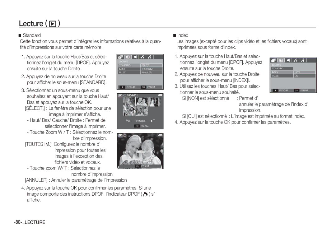 Samsung EC-S85ZZSBB/E3 manual Standard, Ensuite sur la touche Droite, Sélectionnez un sous-menu que vous, Bre d’impression 