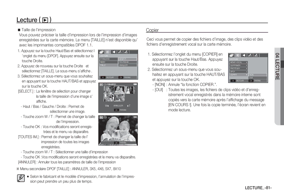 Samsung EC-S85ZZSBA/E1, EC-S85ZZSBB/E3 manual Taille de l’impression, NON Annule la fonction Copier, LECTURE-81 