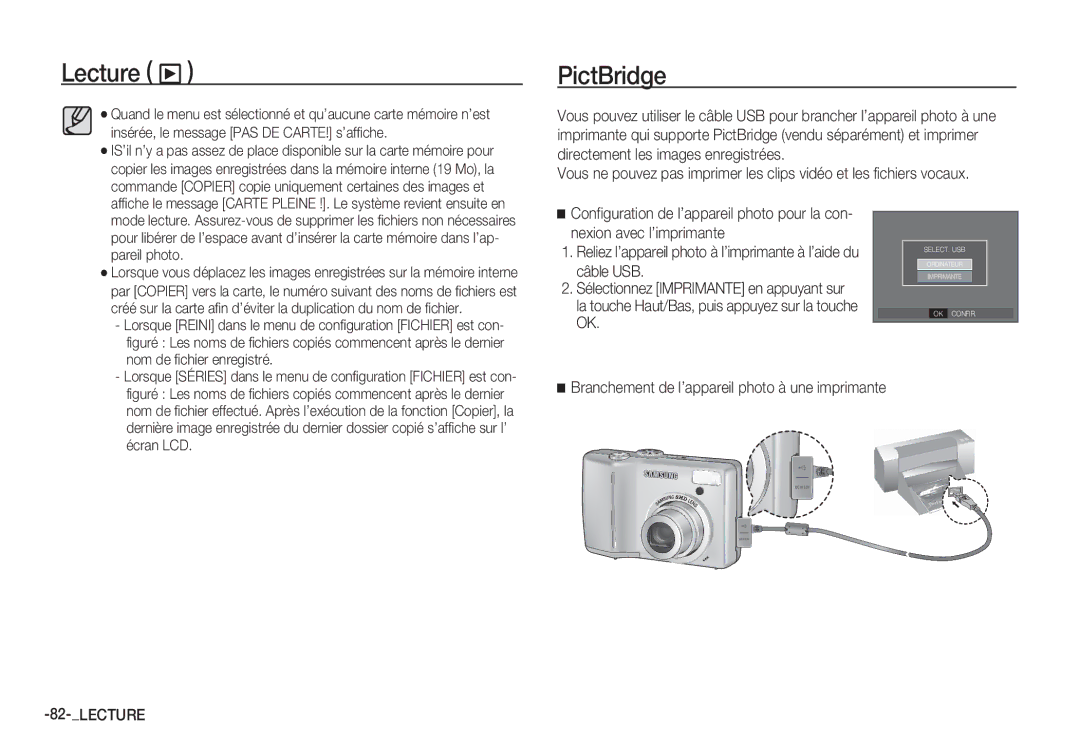 Samsung EC-S85ZZPBA/E2, EC-S85ZZSBB/E3, EC-S85ZZSBA/E1 manual PictBridge, Branchement de l’appareil photo à une imprimante 