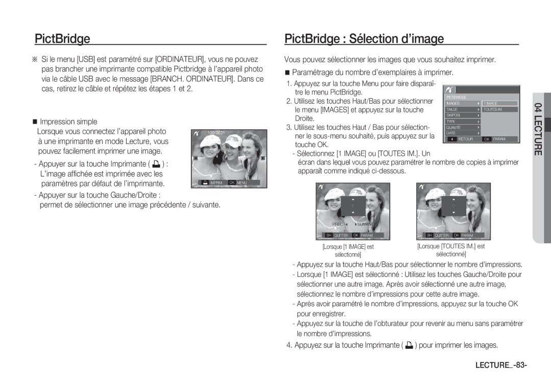 Samsung EC-S85ZZBBA/E2, EC-S85ZZSBB/E3, EC-S85ZZSBA/E1 manual PictBridge Sélection d’image, Impression simple, LECTURE-83 