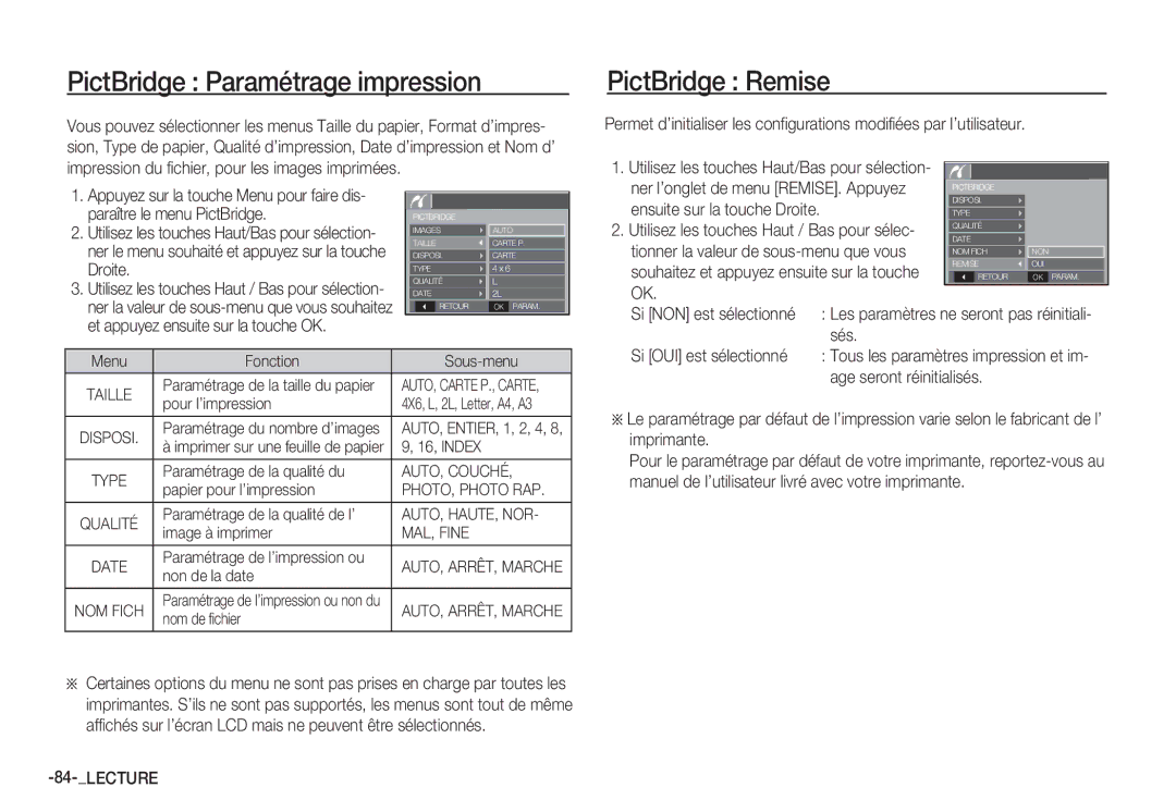 Samsung EC-S85ZZPDA/E3, EC-S85ZZSBB/E3, EC-S85ZZSBA/E1, EC-S85ZZPBA/E2 PictBridge Paramétrage impression, PictBridge Remise 