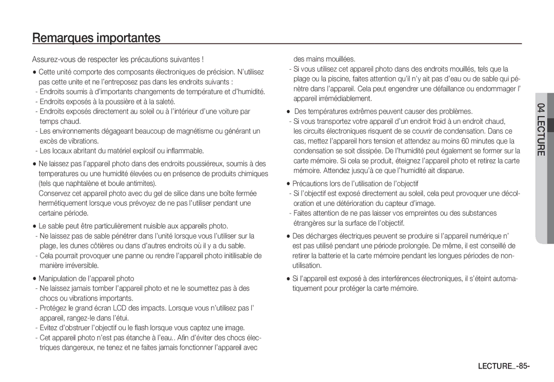 Samsung EC-S85ZZBDA/E3 manual Remarques importantes, Assurez-vous de respecter les précautions suivantes, LECTURE-85 