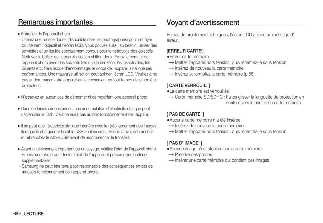 Samsung EC-S85ZZSBA/E2, EC-S85ZZSBB/E3, EC-S85ZZSBA/E1 Voyant d’avertissement, Carte Verrouil, PAS DE Carte, PAS D’ Image 