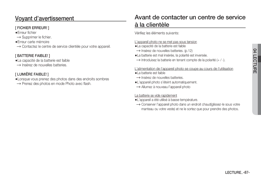 Samsung EC-S85ZZPBA/E1 Avant de contacter un centre de service à la clientèle, Batterie Faible, Lumiêre Faible, LECTURE-87 