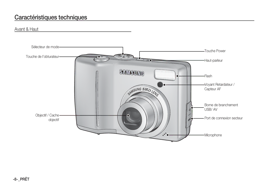 Samsung EC-S85ZZSBB/E3 manual Caractéristiques techniques, Avant & Haut, Sélecteur de mode Touche de l’obturateur, Usb/ Av 