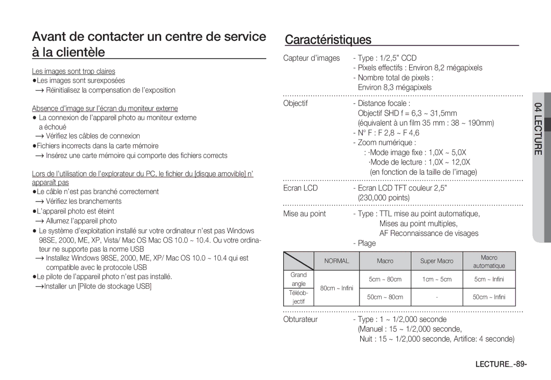 Samsung EC-S85ZZSBB/E3, EC-S85ZZSBA/E1, EC-S85ZZPBA/E2, EC-S85ZZBBA/E2, EC-S85ZZPDA/E3 manual Caractéristiques, LECTURE-89 