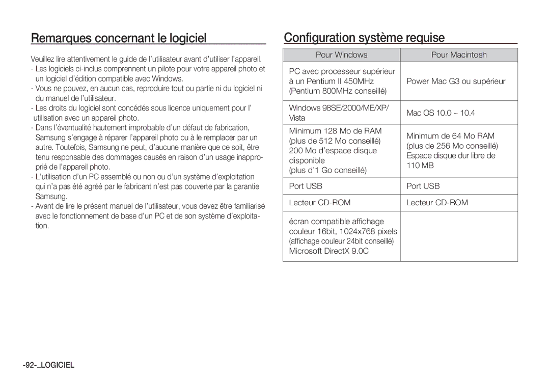 Samsung EC-S85ZZBBA/E2, EC-S85ZZSBB/E3 manual Remarques concernant le logiciel, Configuration système requise, Logiciel 