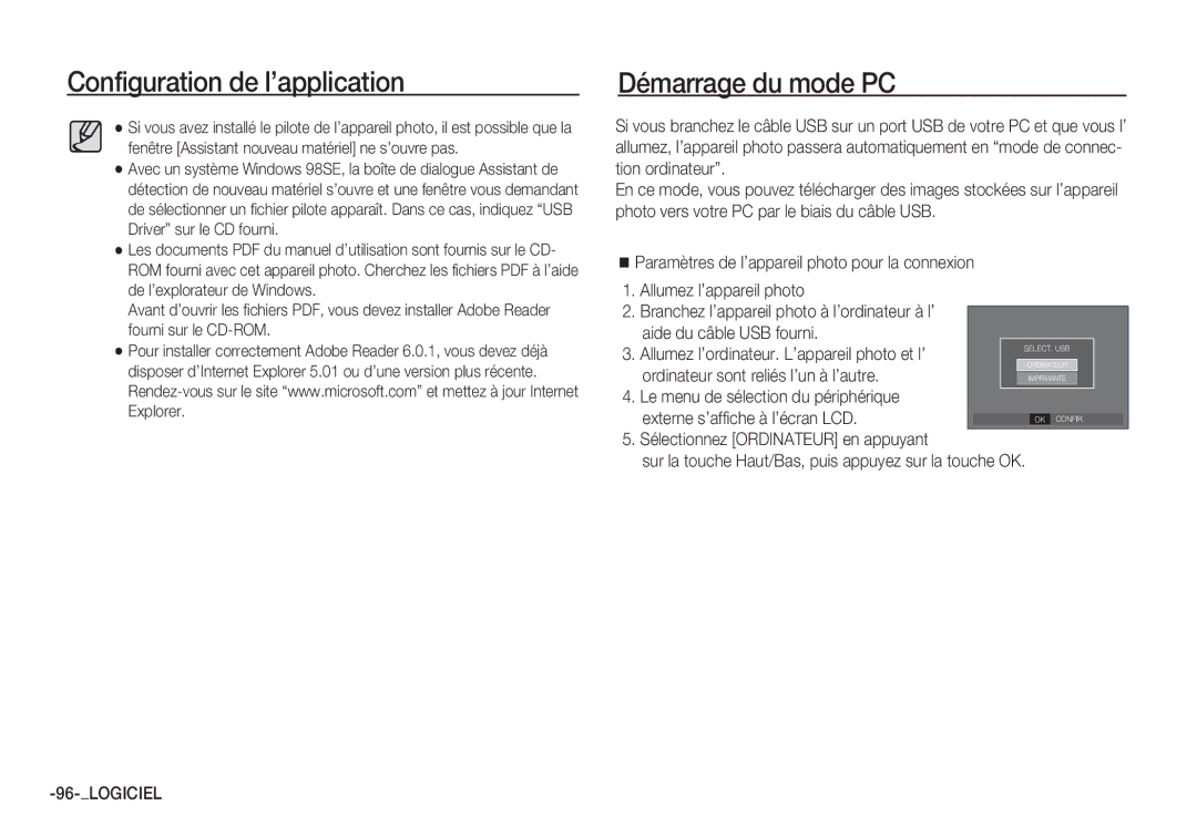 Samsung EC-S85ZZPBA/E1, EC-S85ZZSBB/E3, EC-S85ZZSBA/E1 Démarrage du mode PC, Allumez l’ordinateur. L’appareil photo et l’ 