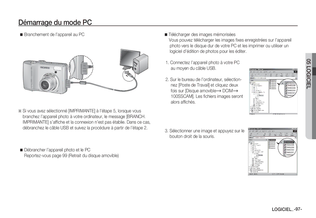 Samsung EC-S85ZZBBA/E1, EC-S85ZZSBB/E3, EC-S85ZZSBA/E1, EC-S85ZZPBA/E2, EC-S85ZZBBA/E2 manual Branchement de l’appareil au PC 