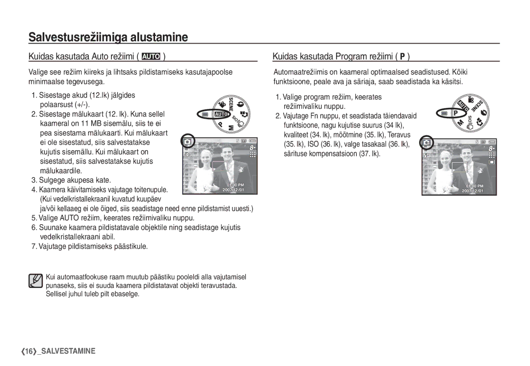 Samsung EC-S760ZBBA/LV Salvestusrežiimiga alustamine, Kuidas kasutada Auto režiimi μ, Kuidas kasutada Program režiimi 