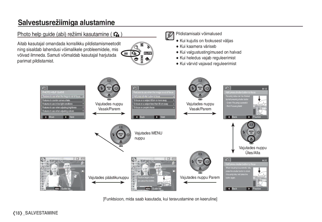 Samsung EC-S860ZSBA/RU Photo help guide abi režiimi kasutamine `, Vajutades nuppu Vasak/Parem, Vajutades nuppu Üles/Alla 