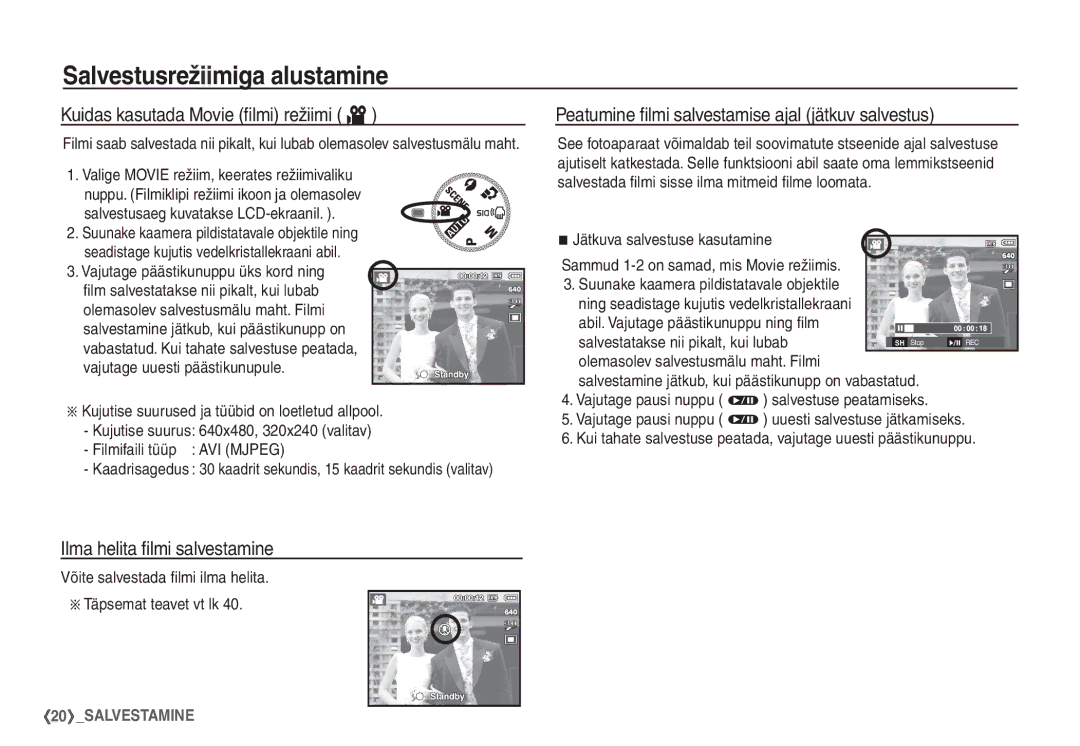 Samsung EC-S860ZBBA/LV, EC-S860ZBBA/RU, EC-S860ZSBA/RU Kuidas kasutada Movie ﬁlmi režiimi ´, Ilma helita ﬁlmi salvestamine 