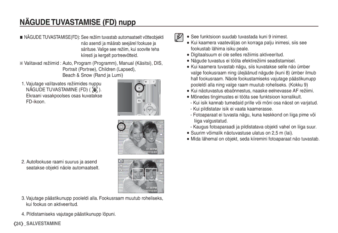 Samsung EC-S860ZSBA/RU, EC-S860ZBBA/RU, EC-S760ZSBA/RU, EC-S860ZBBA/LV, EC-S760ZSBA/LV manual Nägude Tuvastamise FD nupp 