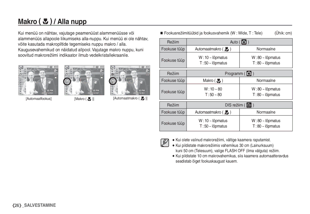 Samsung EC-S860ZBBA/LV, EC-S860ZBBA/RU, EC-S860ZSBA/RU, EC-S760ZSBA/RU manual Makro e / Alla nupp, Auto Š, DIS režiim ÿ 