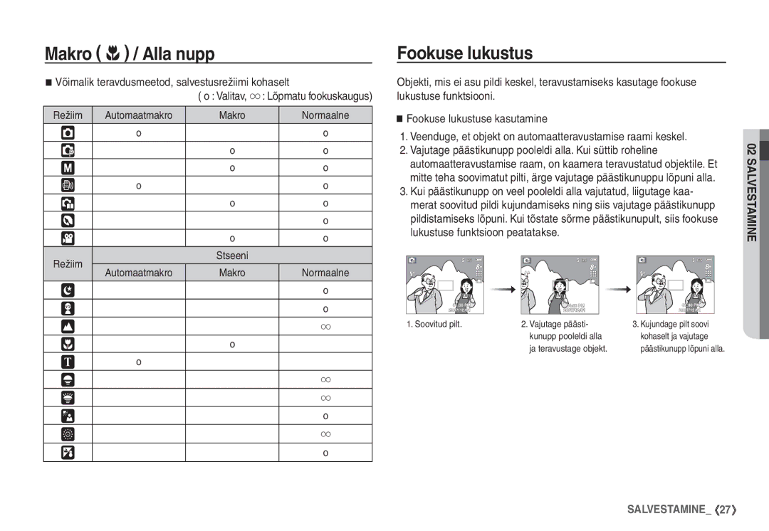 Samsung EC-S760ZSBA/LV, EC-S860ZBBA/RU manual Fookuse lukustus, Võimalik teravdusmeetod, salvestusrežiimi kohaselt Valitav 