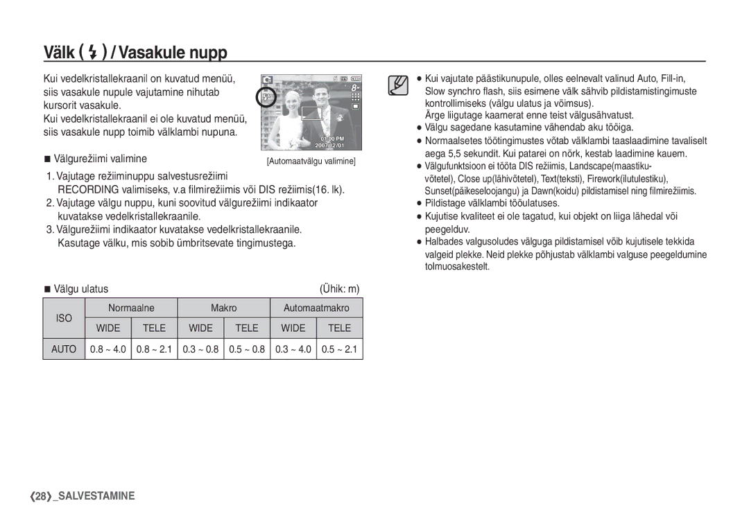 Samsung EC-S760ZBBA/LV, EC-S860ZBBA/RU manual Välk / Vasakule nupp, Välgu ulatus, Normaalne Makro Automaatmakro, Auto 0.8 ~ 