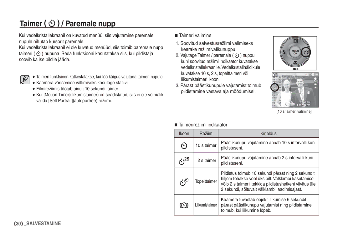 Samsung EC-S860ZSBA/RU, EC-S860ZBBA/RU, EC-S760ZSBA/RU Taimer / Paremale nupp, Taimeri valimine, Taimerirežiimi indikaator 