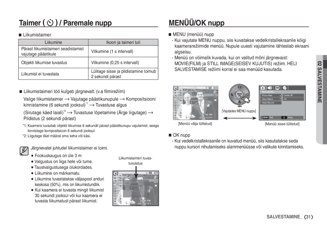 Samsung EC-S760ZSBA/RU, EC-S860ZBBA/RU manual MENÜÜ/OK nupp, Liikumistaimer, Tuvastuse algus, Pildistus 2 sekundi pärast 