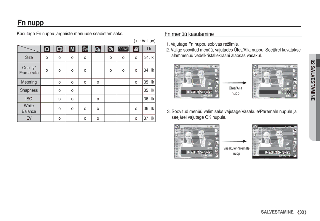 Samsung EC-S760ZSBA/LV, EC-S860ZBBA/RU ‰ ÿ, Fn menüü kasutamine, Kasutage Fn nuppu järgmiste menüüde seadistamiseks 