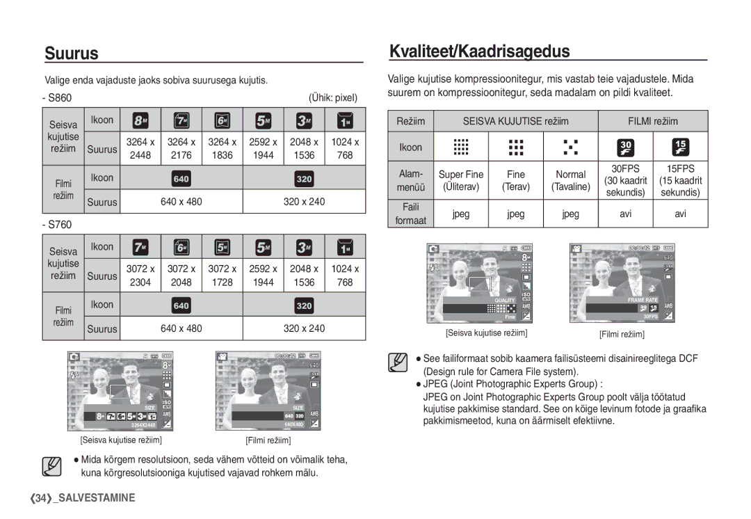 Samsung EC-S760ZBBA/LV, EC-S860ZBBA/RU, EC-S860ZSBA/RU, EC-S760ZSBA/RU, EC-S860ZBBA/LV manual Suurus, Kvaliteet/Kaadrisagedus 